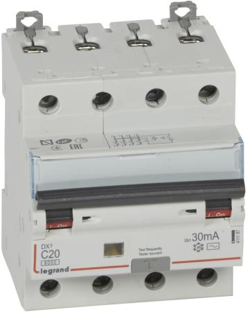 Legrand 411187 Автоматический выключатель дифференциального тока DX? 6000 - 10 кА - тип характеристики С - 4П - 400 В~ - 20 А - тип  A С  - 30 мА - 4 модуля