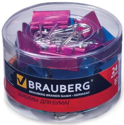 Зажимы для бумаг BRAUBERG, комплект 24 шт., 32 мм, на 140 л., цвет металлик, в пластиковом цилиндре, 223506
