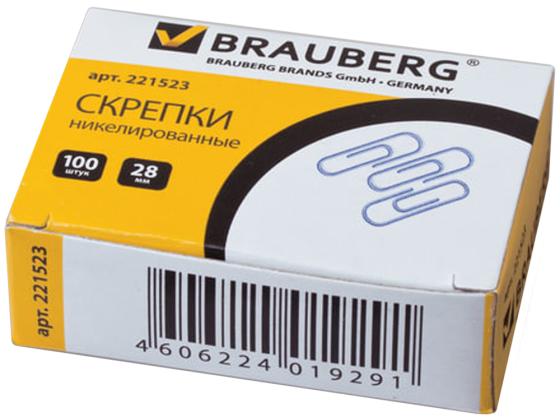 Скрепки BRAUBERG - 100 шт 28 мм серебристый