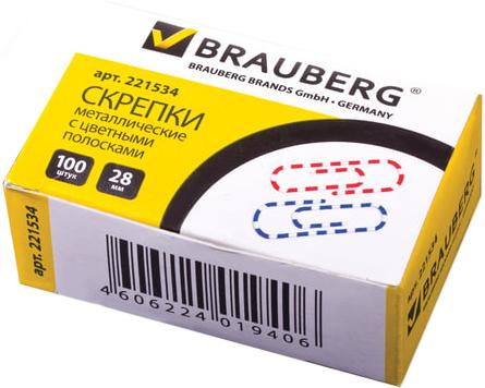 Скрепки BRAUBERG - 100 шт 28 мм разноцветный