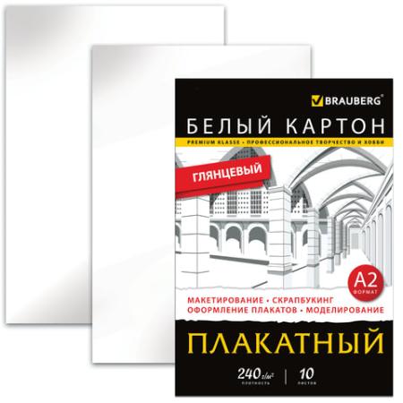 

Белый картон, А2, мелованный плакатный, 10 листов, 240 г/м2, BRAUBERG, 400х590 мм, 124764