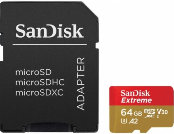 Флеш-накопитель Sandisk Карта памяти Sandisk  Extreme microSDXC 64GB for Action Cams and Drones + SD Adapter 160MB/s A2 C10 V30 UHS-I U3