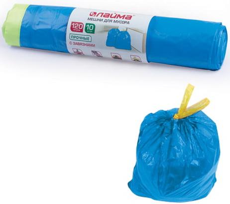 Мешки для мусора 120 л, завязки, синие, в рулоне 10 шт., ПВД, 35 мкм, 67х90 см (±5%), прочные, ЛАЙМА, 601399