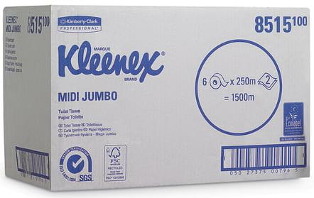

Бумага туалетная 250 м, KIMBERLY-CLARK Kleenex, комплект 6 шт., Миди Jumbo, 2-х слойная, белая, диспенсер 601543, АРТ. 8515