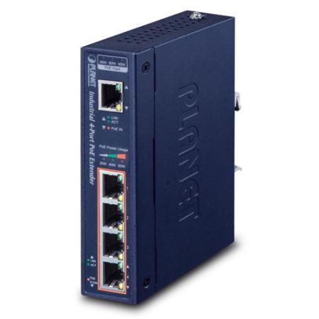 IP30 Industrial 1-Port 60W Ultra POE to 4-Port 802.3af/at Gigabit POE Extender (-40 to 75 C)