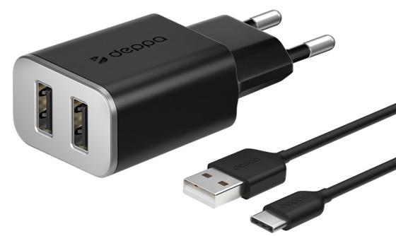 

Сетевое зарядное устройство Deppa 2 USB 2.4А + кабель USB Type-C, черный