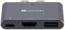 CANYON DS-1 Multiport Docking Station with 3 port, with Thunderbolt 3 Dual type C male port, 1*Thunderbolt 3 female+1*HDMI+1*USB3.0. Input 100-240V, Output USB-C PD100W&USB-A 5V/1A, Aluminium alloy, Space gray, 59*35.5*10mm, 0.028kg4