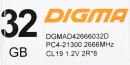 Оперативная память для компьютера 32Gb (1x32Gb) PC4-21300 2666MHz DDR4 DIMM CL19 Digma DGMAD42666032D DGMAD42666032D6
